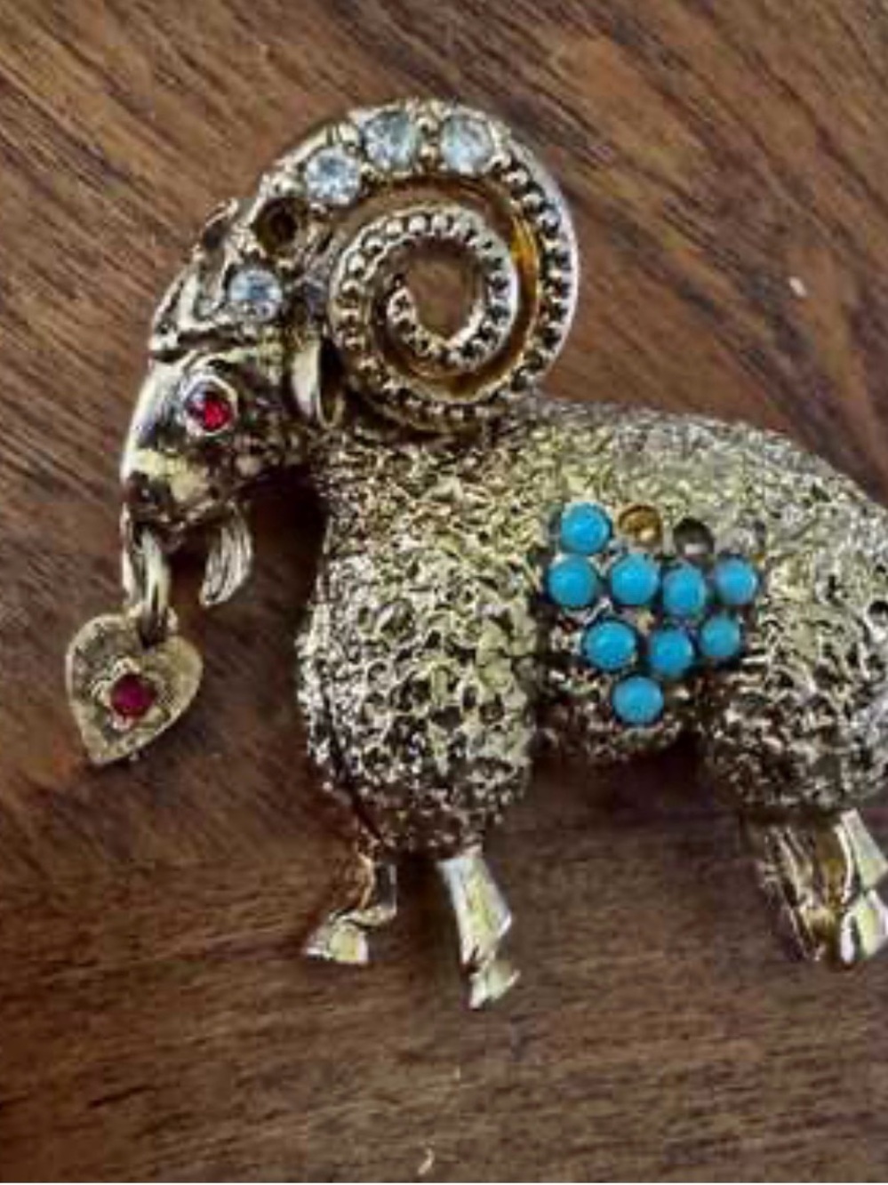 Vintage Gold-Tone Ram Brooch with Turquoise